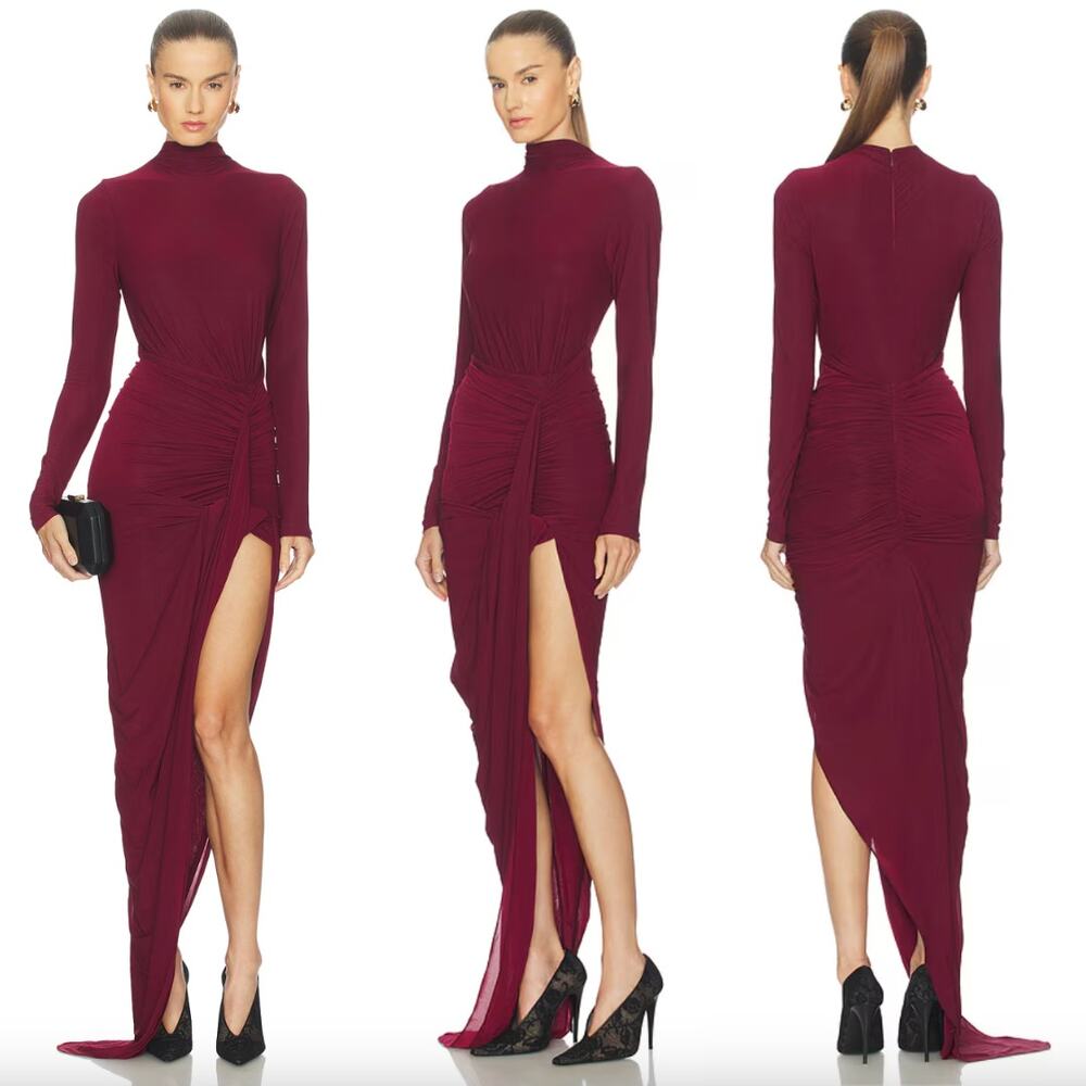 Ronny Kobo | Sera Dress in Port Long Sleeve Asymmetrical Side Slit Maxi S
